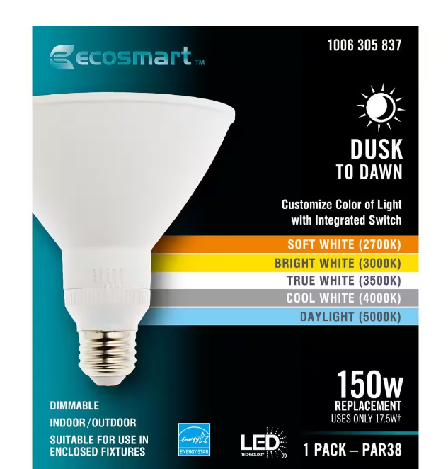 EcoSmart PAR38 Dimmable CEC Flood Dusk to Dawn LED Light Bulb 150W